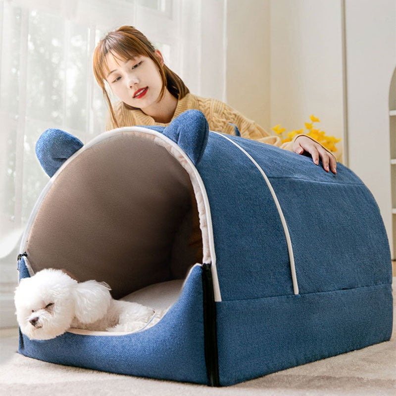 Cozy 2-in-1 pet cave bed in light gray with cute bear ears, perfect for cats or small dogs, providing warmth and security.
