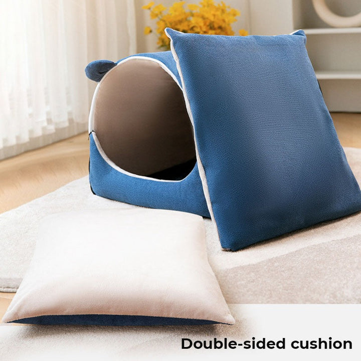 Plush 2-in-1 pet bed in a cave design with charming bear ears, offering a secure and stylish retreat for pets.
