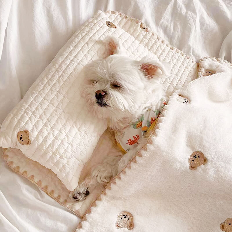 Washable pet bedding: dog bed, pillow, and quilt with cute animal embroidery pattern