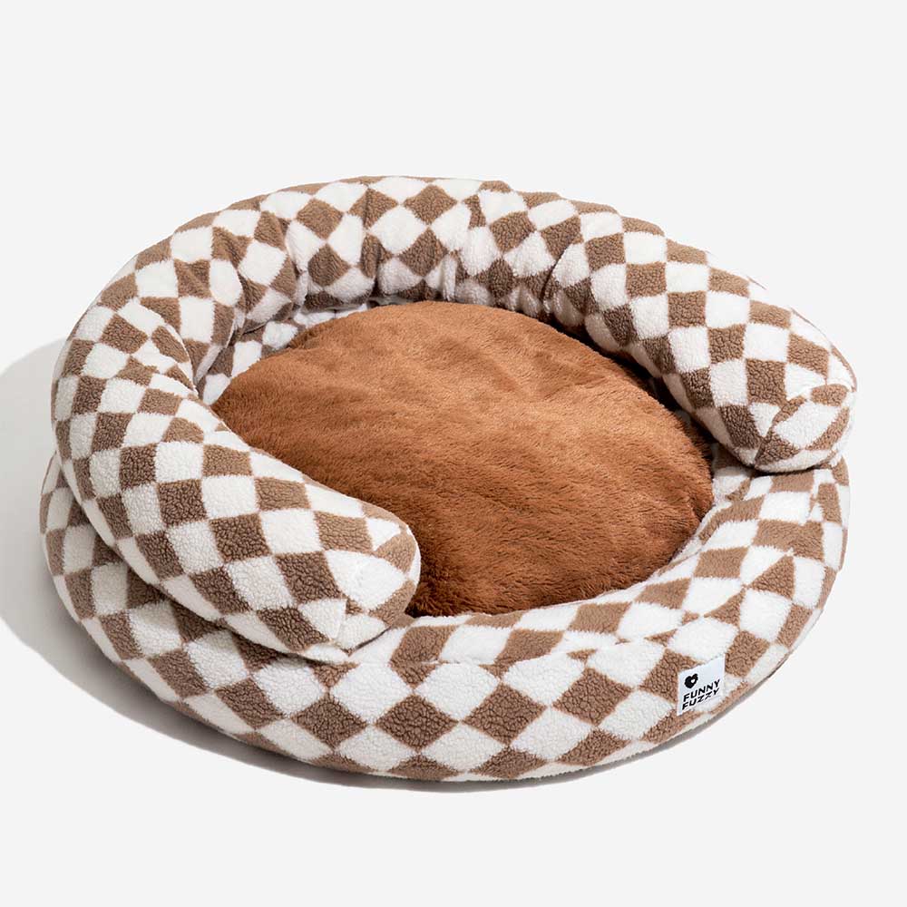Grey argyle bolster dog bed, durable and stylish pet furniture for any home.