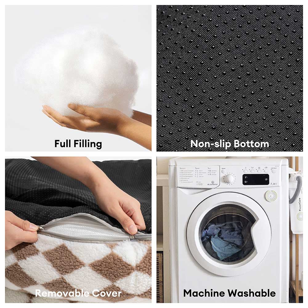 Pet supplies: A comfortable argyle washable donut dog bed from an aerial view.
