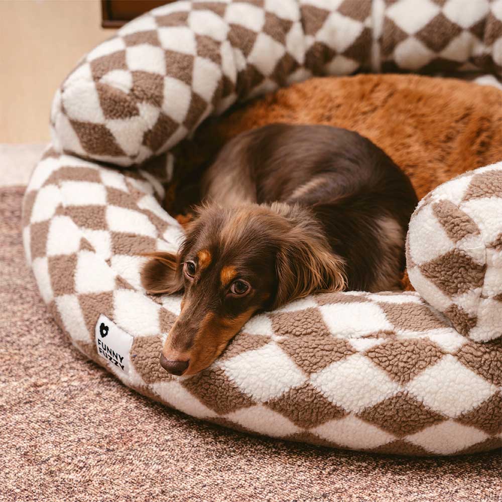 Orthopedic bolster dog bed with a stylish argyle design, offering comfort for pets.