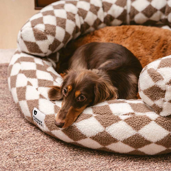 Orthopedic bolster dog bed with a stylish argyle design, offering comfort for pets.