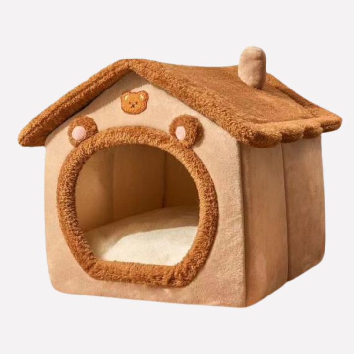 Cozy Bear Pet Cave Bed for cats & small dogs with removable cushion, plush gray fabric