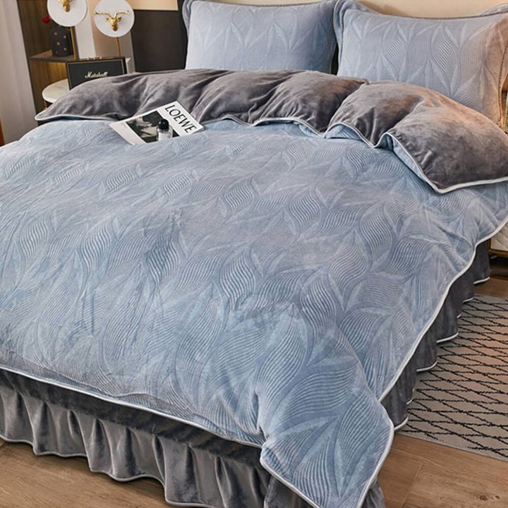 Cozy milk velvet bed sheet set, botanical pattern, for a luxurious bedroom.