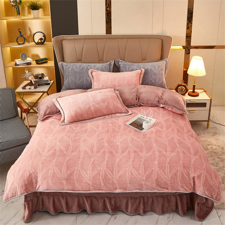Milk velvet bed sheet set, botanical, providing ultimate softness and warmth.