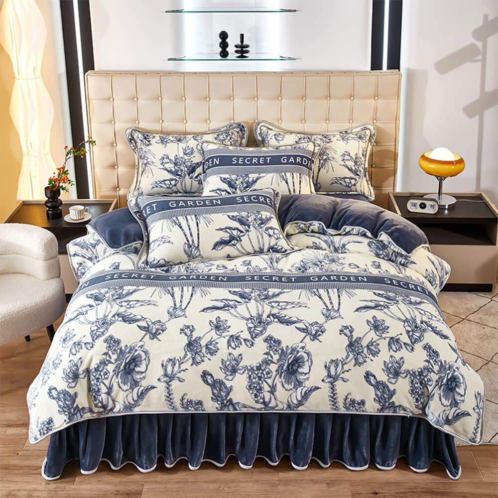 Luxury cozy botanical milk velvet bed sheets, perfect for elegant bedrooms.