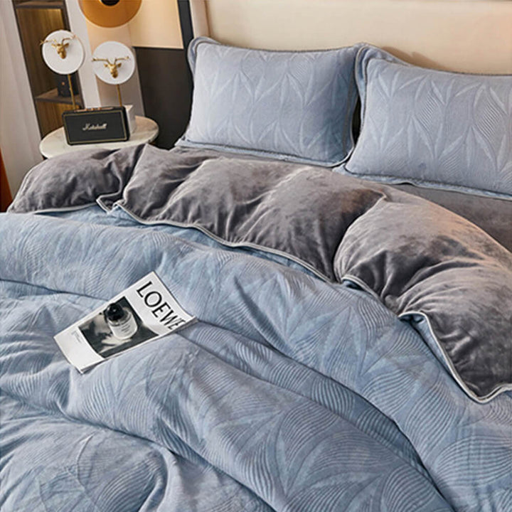 Soft milk velvet bed sheet set, botanical design, perfect for warm nights.