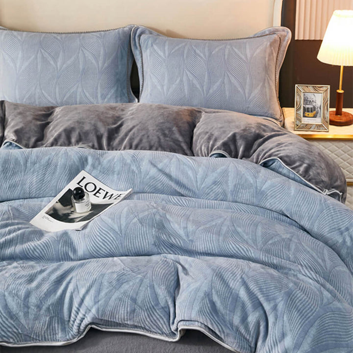 Warm milk velvet bed sheets with elegant botanical pattern, reversible design.