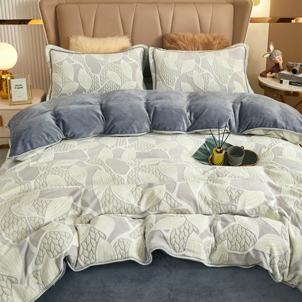 Luxury milk velvet bedding set, botanical motif, soft and cozy sheets.