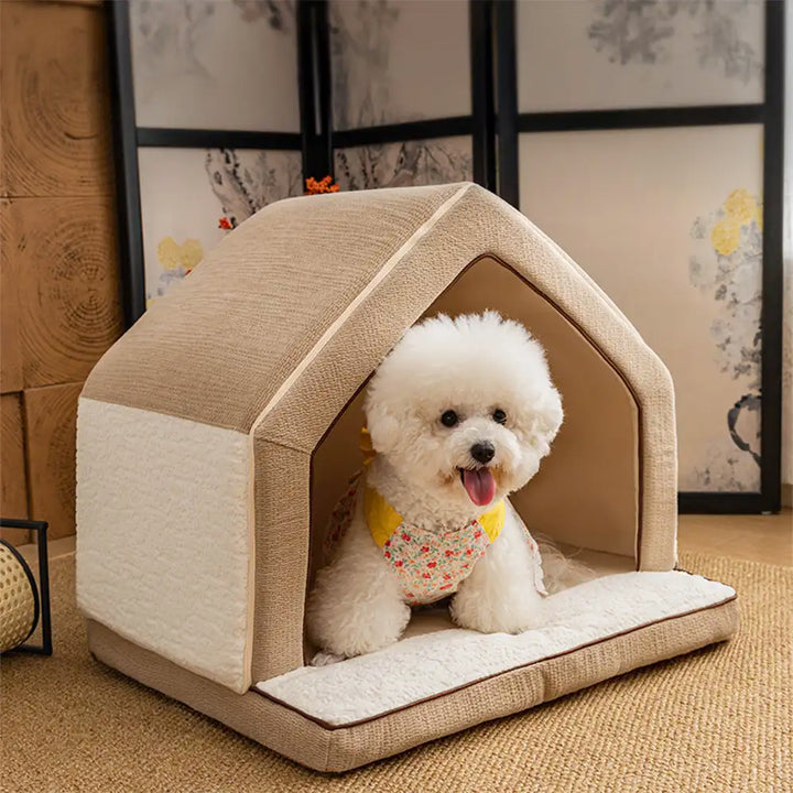 Cozy calming cave bed for dogs & cats, washable, grey felt, enclosed pet comfort