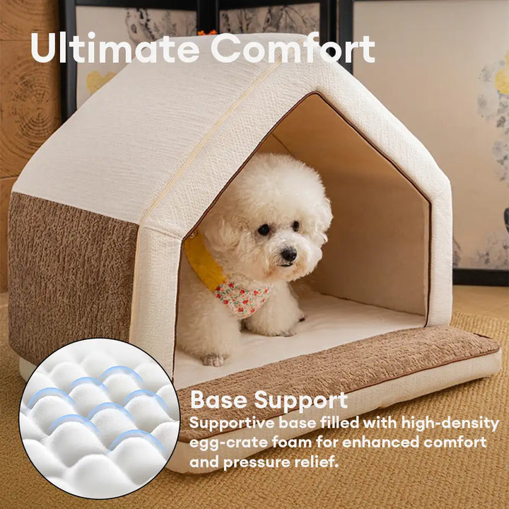 Enclosed pet house bed, calming cocoon design, great for dogs & cats, grey durable fabric