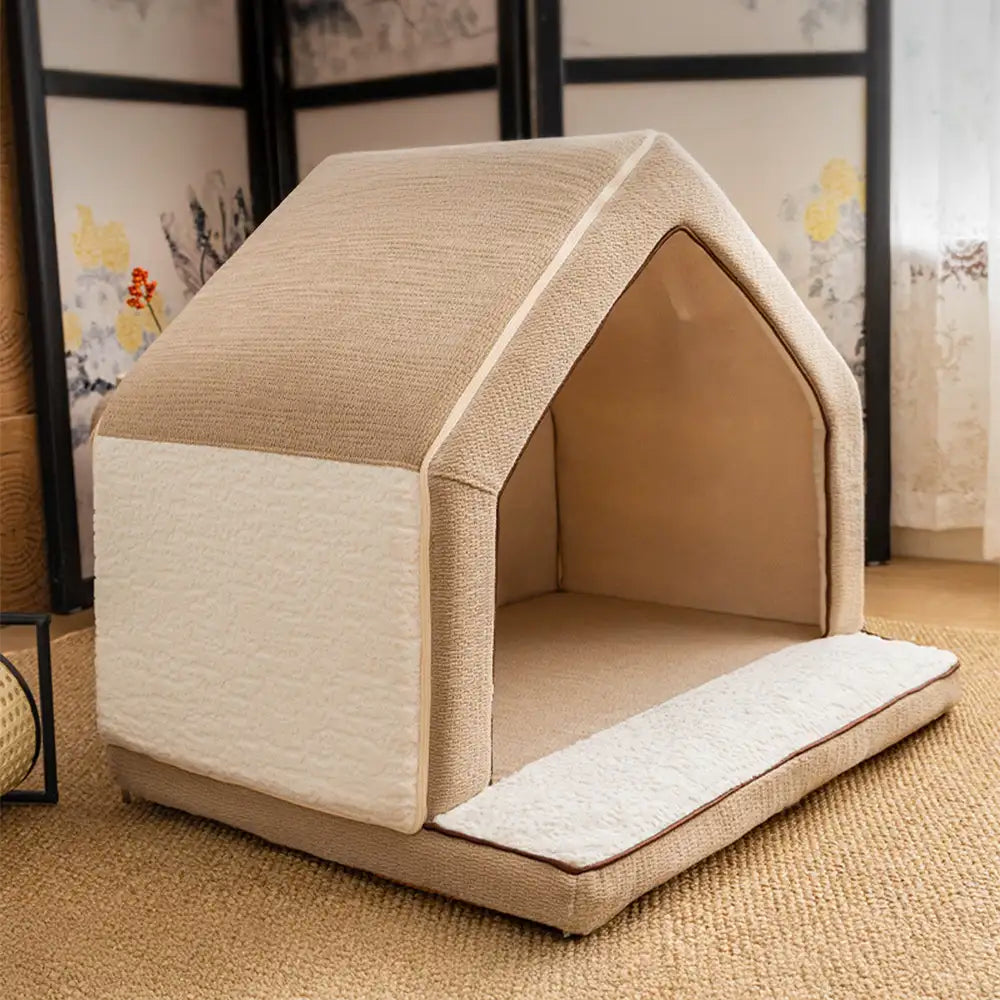 Front view of a calming cave bed, plush interior, perfect for anxious dogs & cats