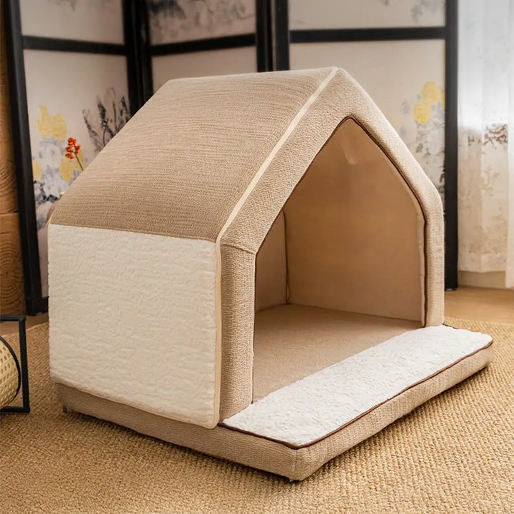 Front view of a calming cave bed, plush interior, perfect for anxious dogs & cats