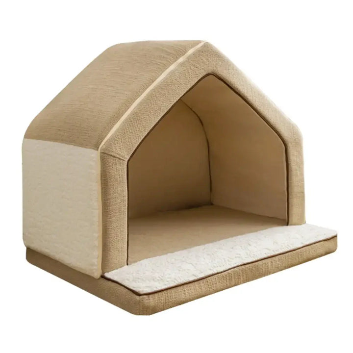 Side view of a cozy enclosed pet bed, grey exterior, ideal for dogs & cats seeking comfort