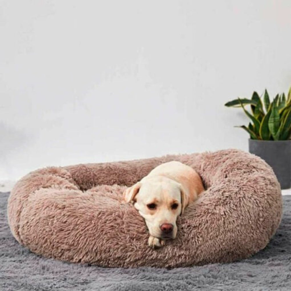Cozy calming pet bed for dogs and cats, anti-anxiety faux fur dog bed, washable cat bed
