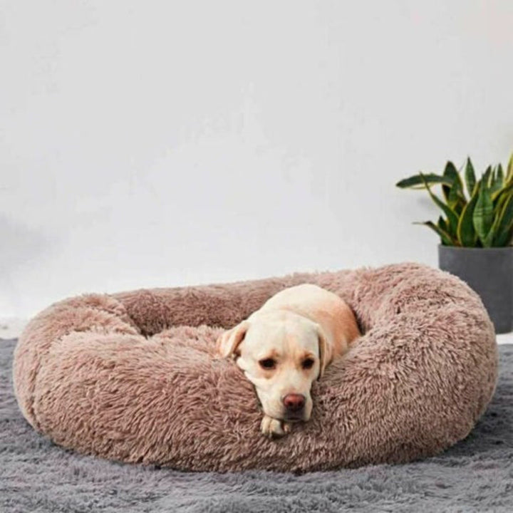Cozy calming pet bed for dogs and cats, anti-anxiety faux fur dog bed, washable cat bed