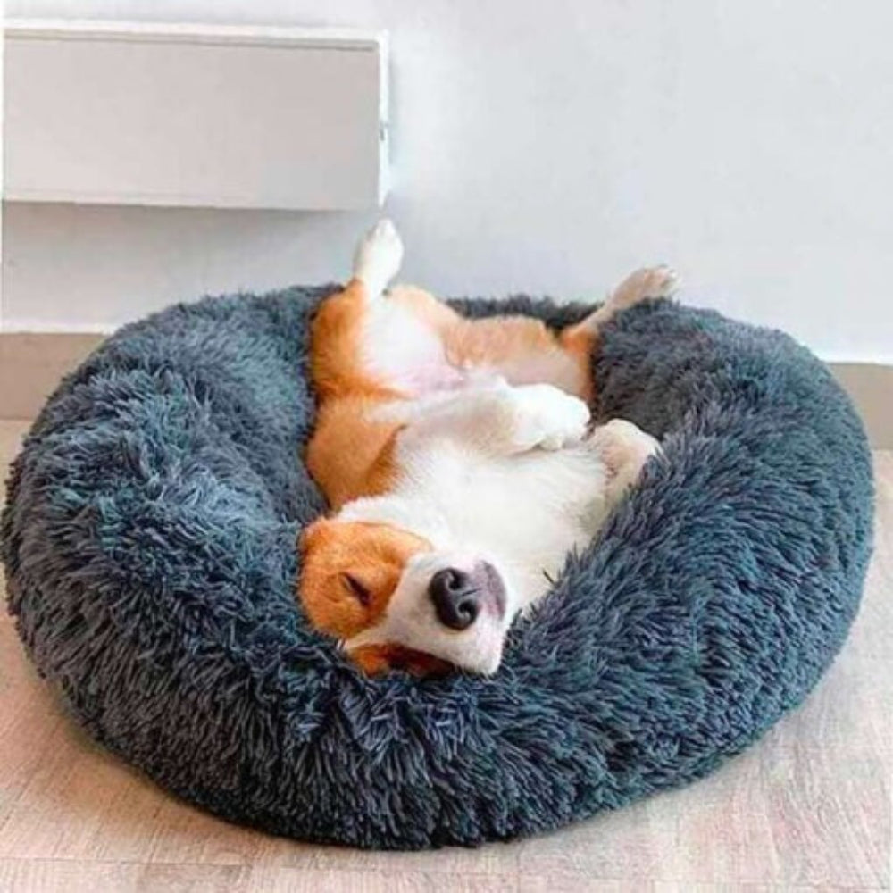 Close-up of fluffy faux fur calming pet bed, ideal for anxiety relief in cats and small dogs
