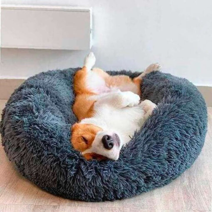 Close-up of fluffy faux fur calming pet bed, ideal for anxiety relief in cats and small dogs