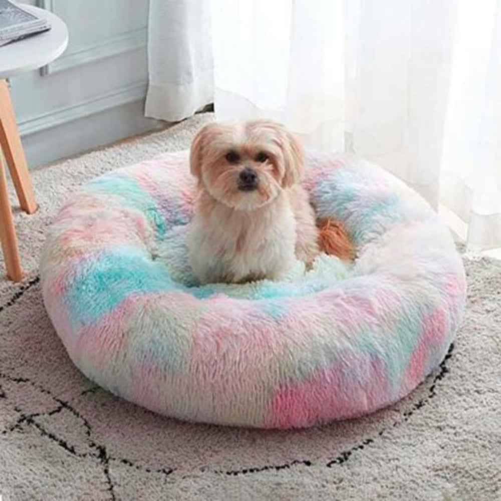 Washable calming pet bed for dogs & cats, featuring soft faux fur for anxiety relief