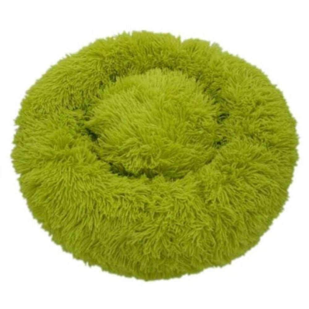 Side view of a soft, supportive calming pet bed for dogs and cats, plush faux fur, washable