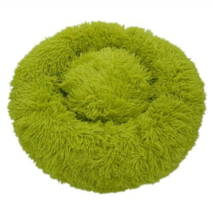 Side view of a soft, supportive calming pet bed for dogs and cats, plush faux fur, washable