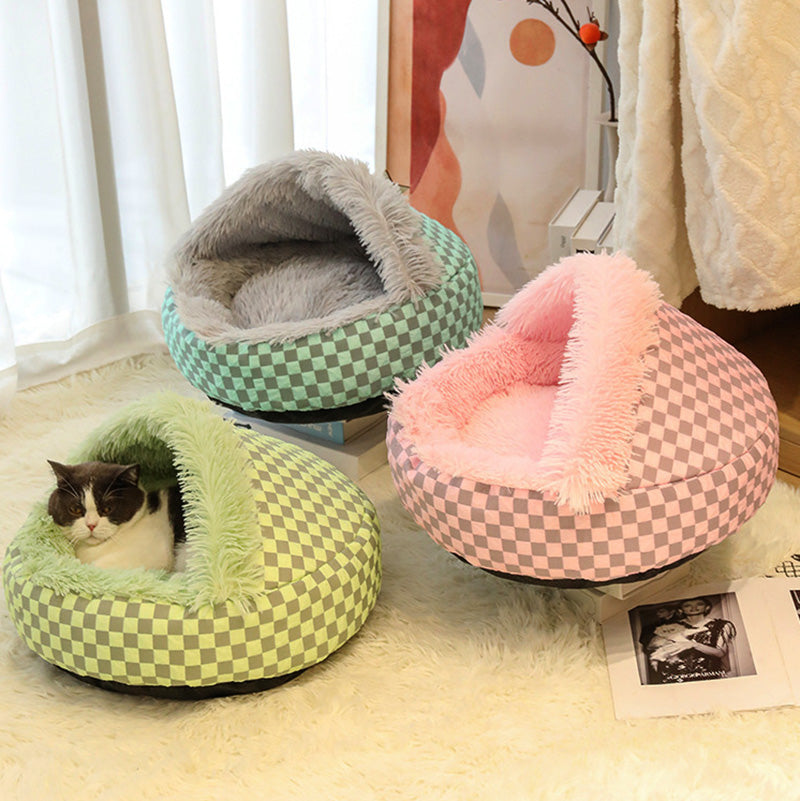 Pet anxiety relief cave bed, plush design for small dogs & cats, comfortable