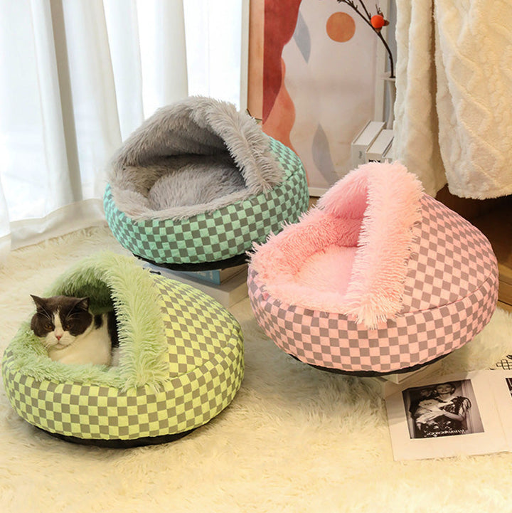 Pet anxiety relief cave bed, plush design for small dogs & cats, comfortable