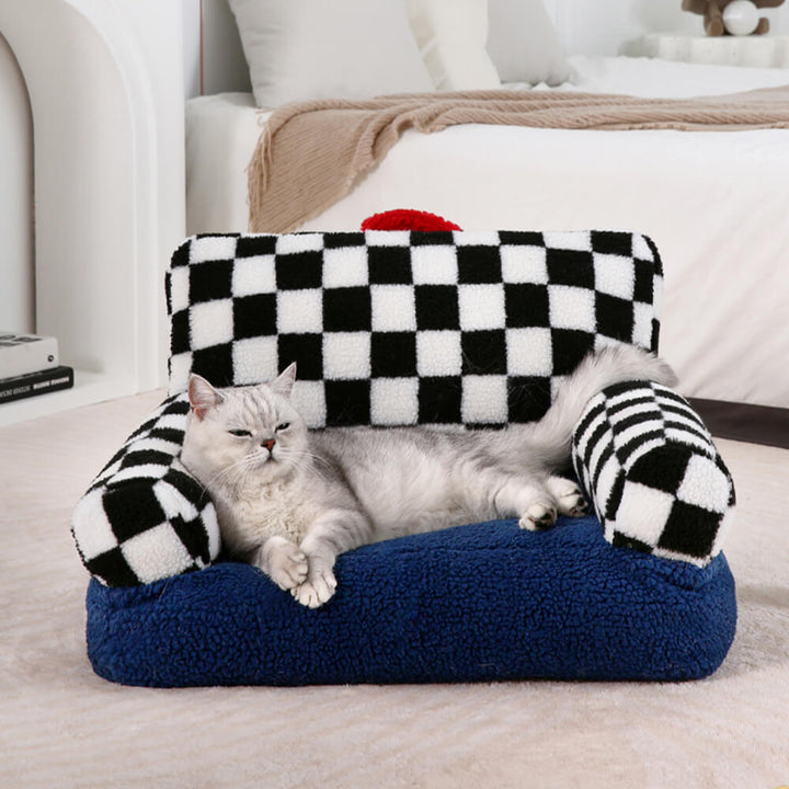 Side profile of the ergonomic design of the calming sofa bed for pets, checkered