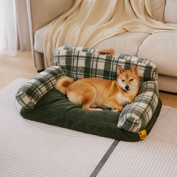 Small dog or cat relaxing in a soft, washable, calming pet bed, plush material