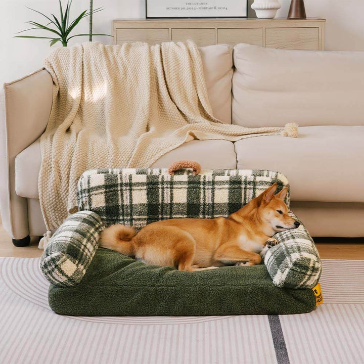 Elegant gray checkered pet sofa bed, designed for calming small dogs & cats