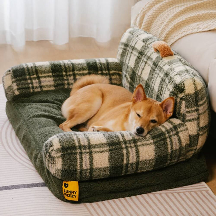 Dog bed featuring a luxurious plush surface and supportive calming sofa design
