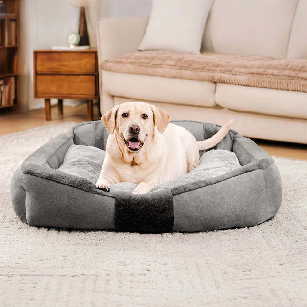 Detailed shot of the anti-slip bottom of a calming dog bed, ensuring stability and safety.