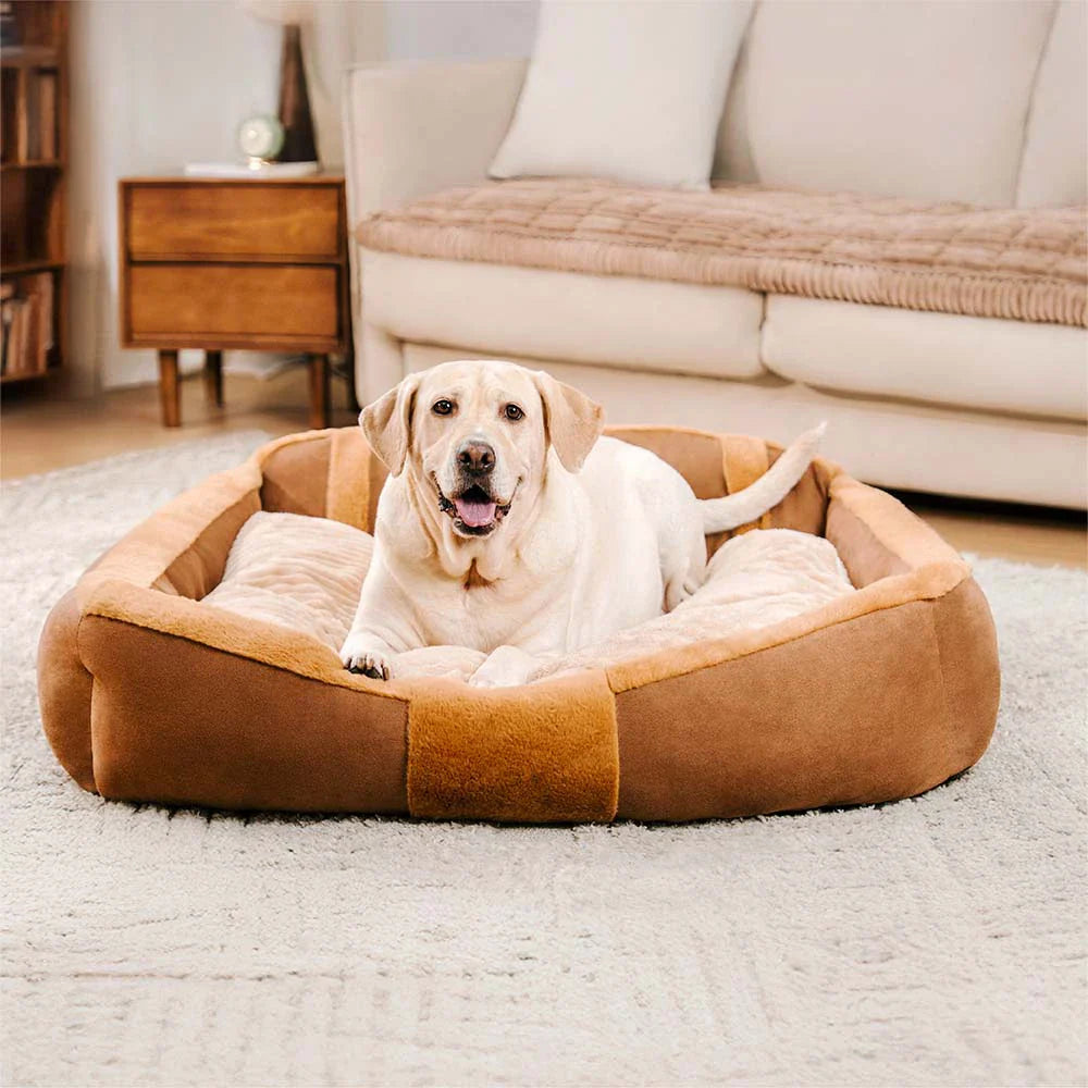 Softest calming sofa dog bed, featuring a raised bolster for neck and head support.