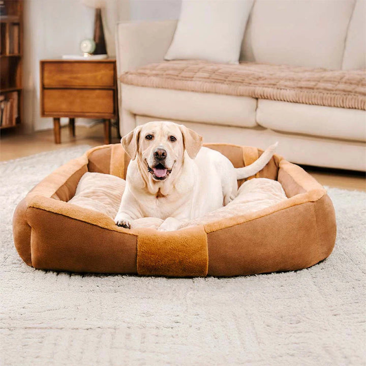 Softest calming sofa dog bed, featuring a raised bolster for neck and head support.