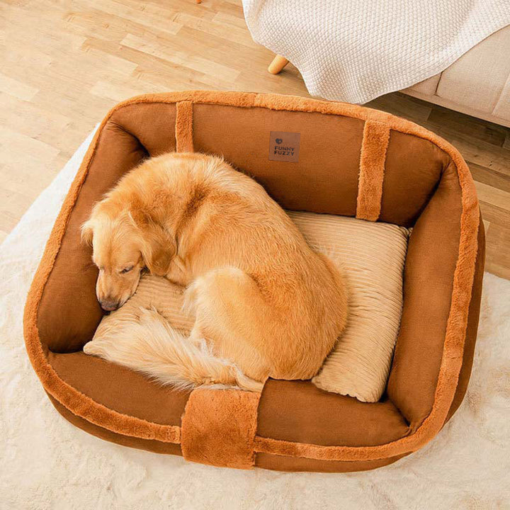 Empty calming dog bed, inviting plush sofa bed texture in a natural beige color.