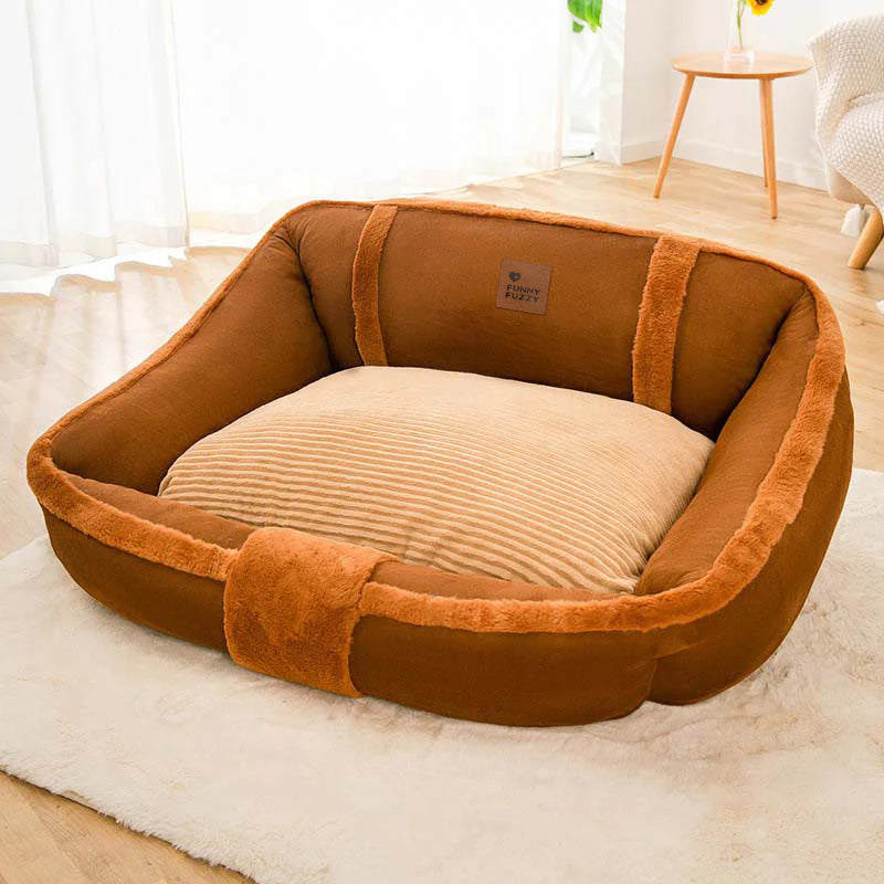 Calming sofa dog bed with an elevated design, providing orthopedic benefits and warmth.