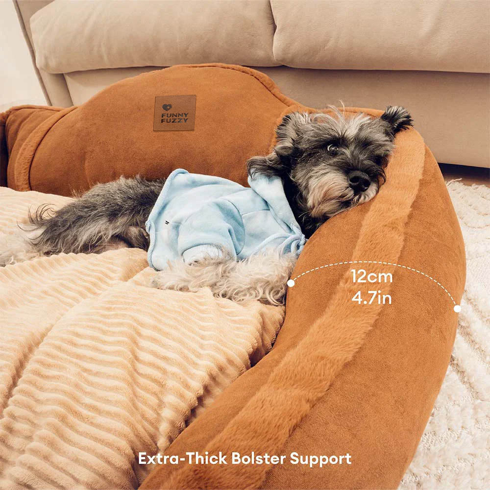 Luxury calming sofa dog bed, super soft and orthopedic, ideal for puppy or senior dog.
