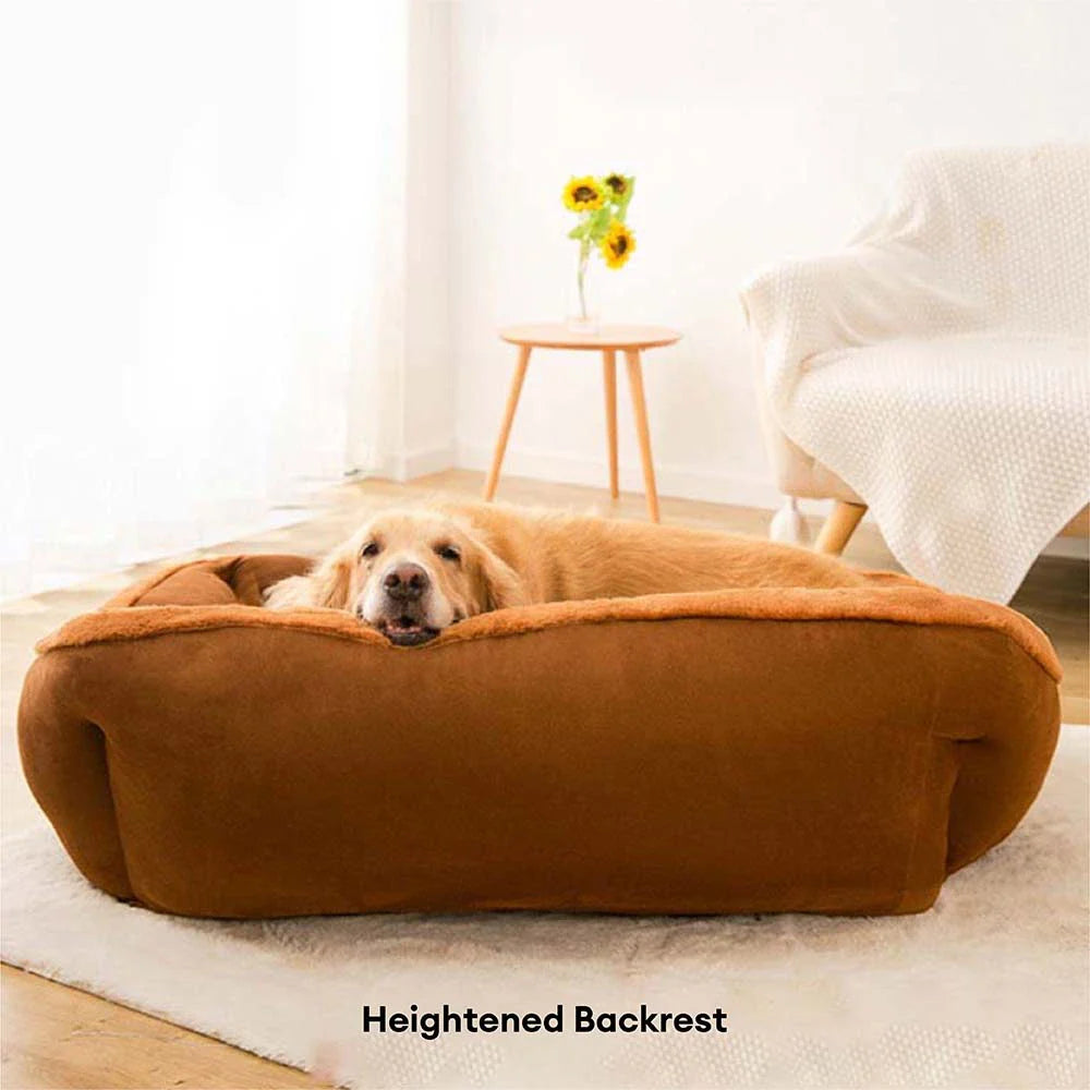 Top-down view of a round calming pet bed with raised sides, perfect for burrowing.