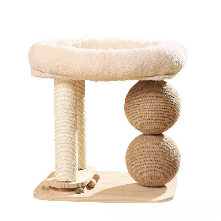 Cozy cat bed made from natural wood with a sisal scratching post, perfect for cat's comfort and play