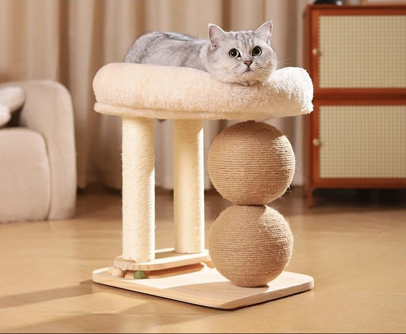 Natural wood cat activity center featuring a comfortable bed and built-in sisal scratching post for pets