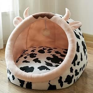 Plush feline bed with an adorable cow pattern, perfect pet supplies for any cat