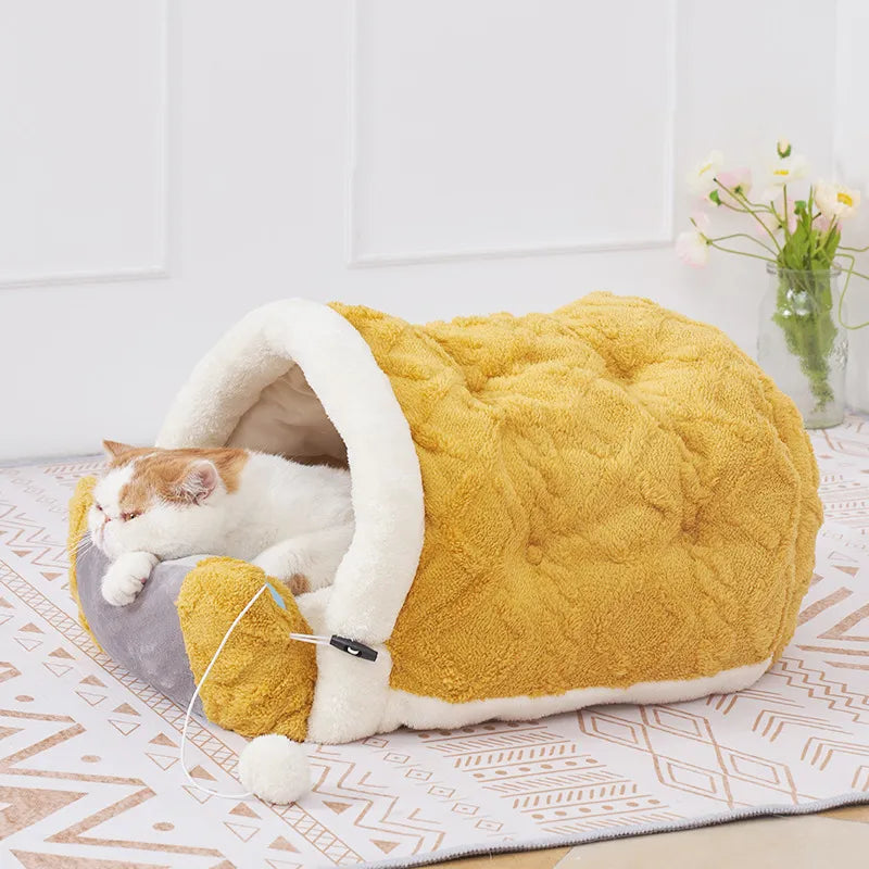 Cozy cat cushion bed with integrated hanging play toy for pet comfort and interactive play
