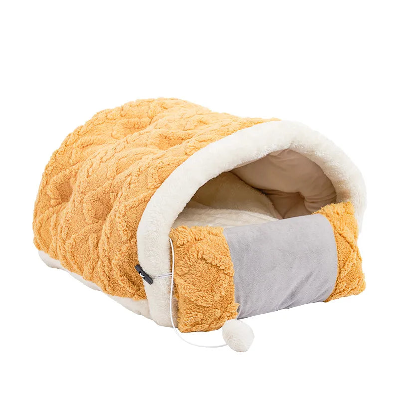 Interactive cat bed designed as a cushion with a hanging toy for play and restful sleep