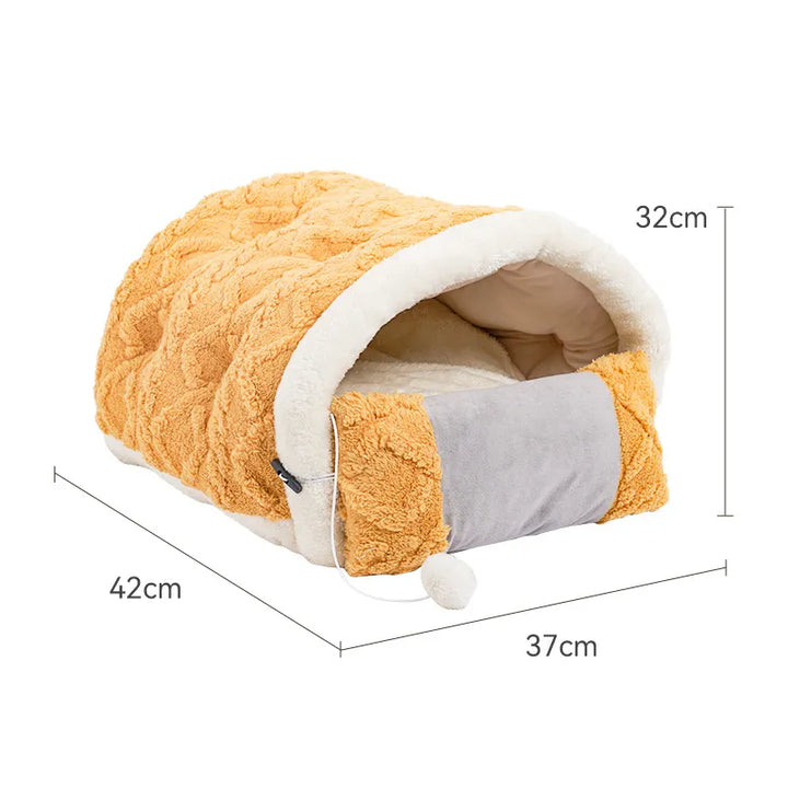 Cat bed and integrated play toy providing a comfortable cat sleeping pad and stimulating fun
