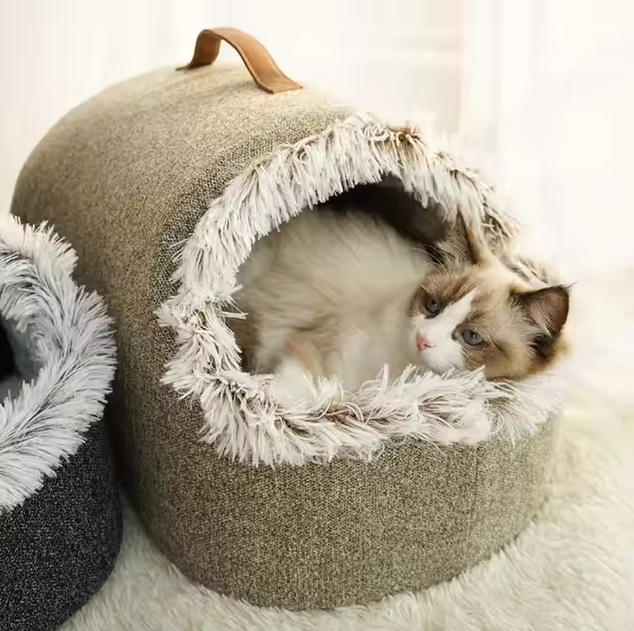 Cozy cat house bed with fluffy edge for ultimate comfort, a perfect pet sanctuary for sleep