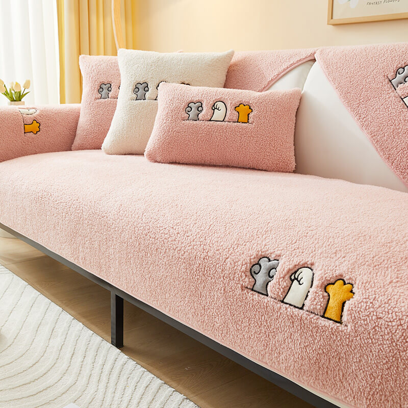 Warm sherpa fleece sofa protector with practical anti-slip cat paw grip for sofas