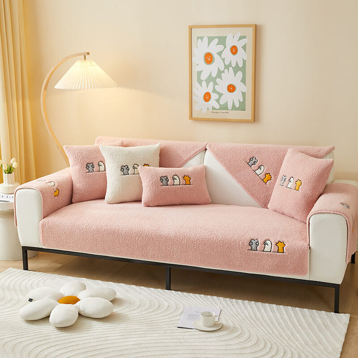 High-quality sherpa fleece anti-slip sofa protector, cat paw design for ultimate comfort