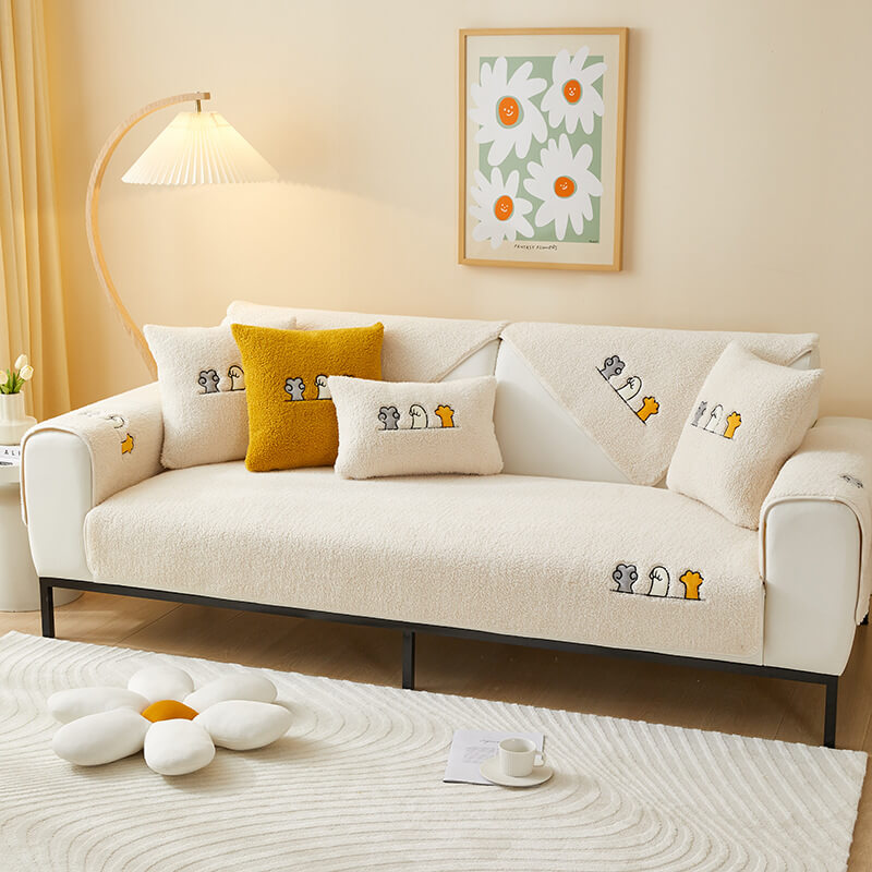 Versatile cat paw sherpa fleece anti-slip couch cover, perfect for any sectional sofa