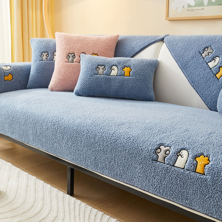 Grey cat paw sherpa fleece anti-slip sofa protector, perfect for pet owners